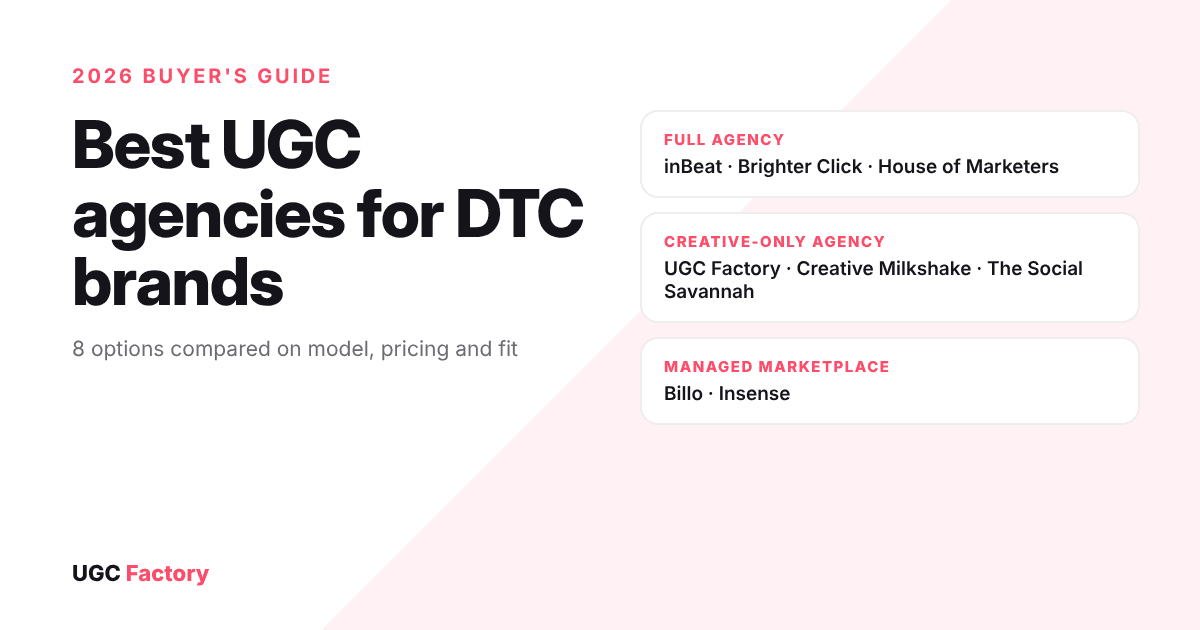 Best UGC agencies for DTC brands in 2026, grouped into full agencies, creative-only agencies and managed marketplaces