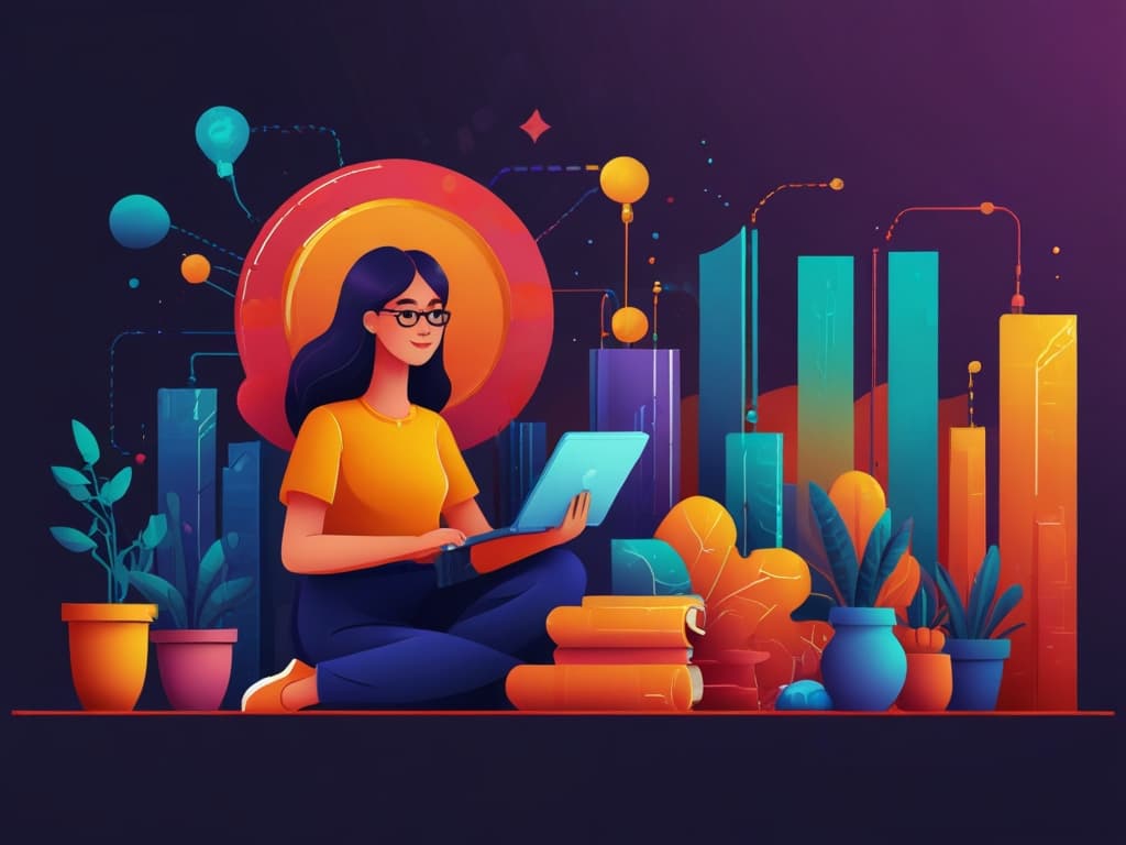 Woman using a laptop with colorful graphs and plants, representing digital marketing and UGC tools.