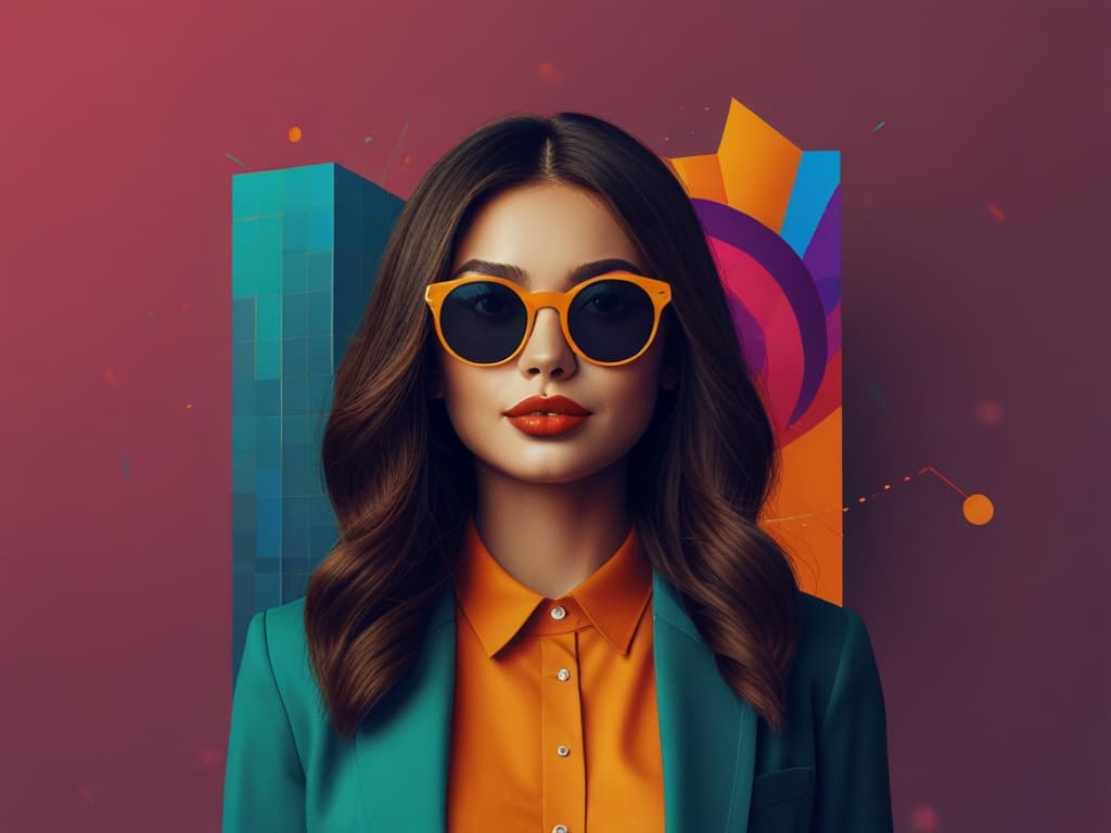 Stylish influencer in sunglasses and colorful outfit, with digital art backdrop, embodying 2025 trendsetters.