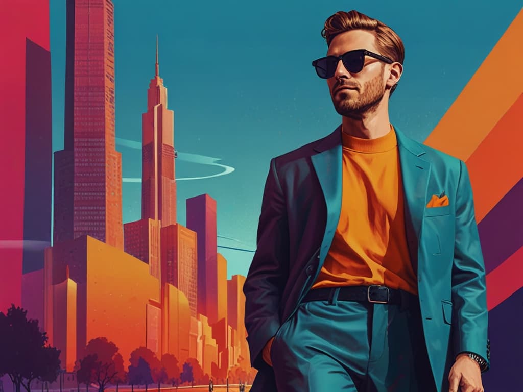 Man in stylish suit and sunglasses walks confidently in a vibrant cityscape, symbolizing modern business success.