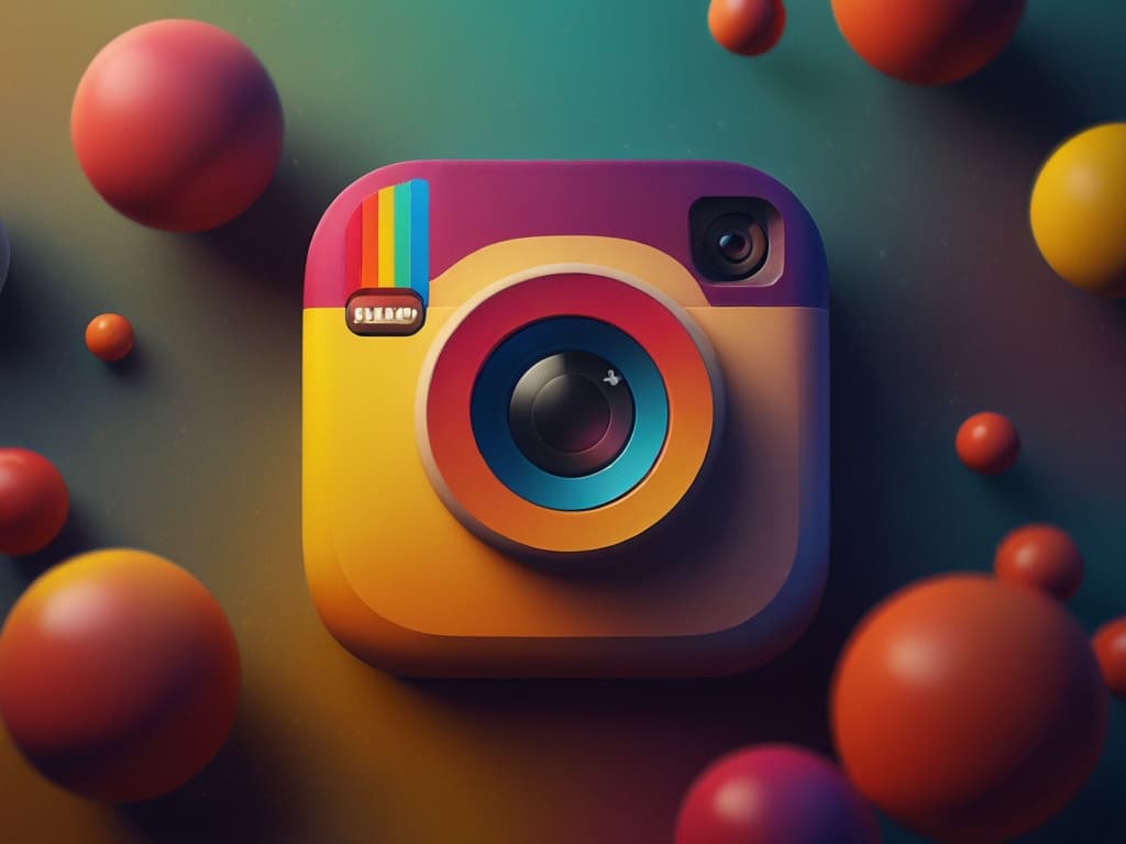 Colorful 3D Instagram logo surrounded by vibrant spheres, symbolizing dynamic social media engagement.