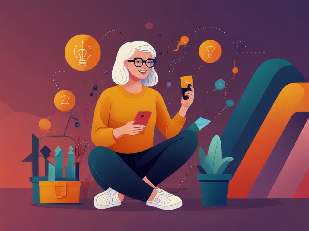 Woman using AI tools on smartphone with creative icons; UGC marketing strategy concept 2025.