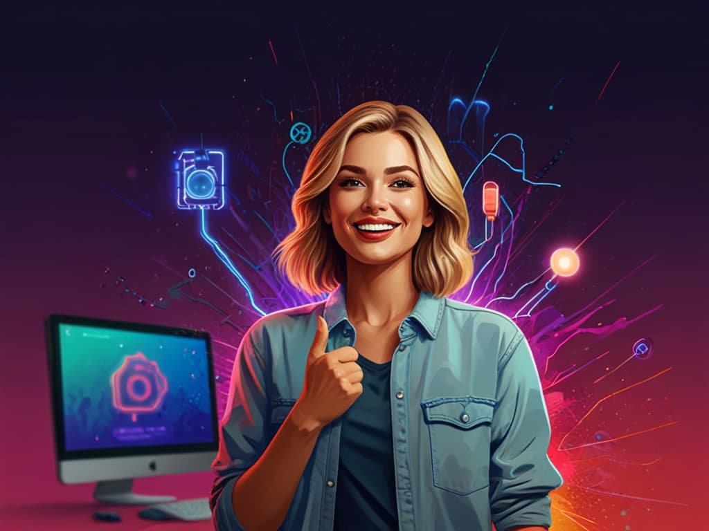 Smiling woman with a colorful digital backdrop, representing influencer-generated content, computer in background.