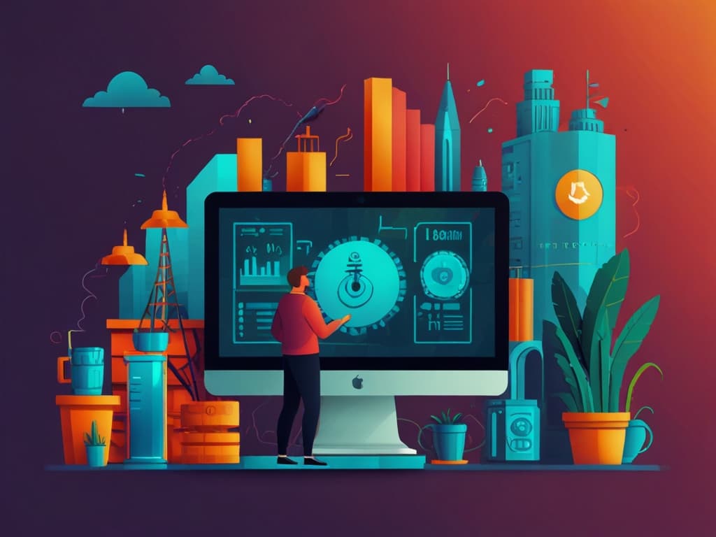 Illustration of person interacting with social media dashboard on a monitor, surrounded by cityscape elements.