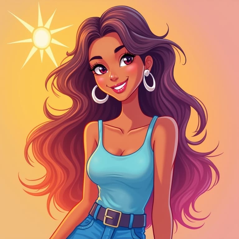 Illustrated woman with long hair and hoop earrings smiling against a vibrant sunset sky.