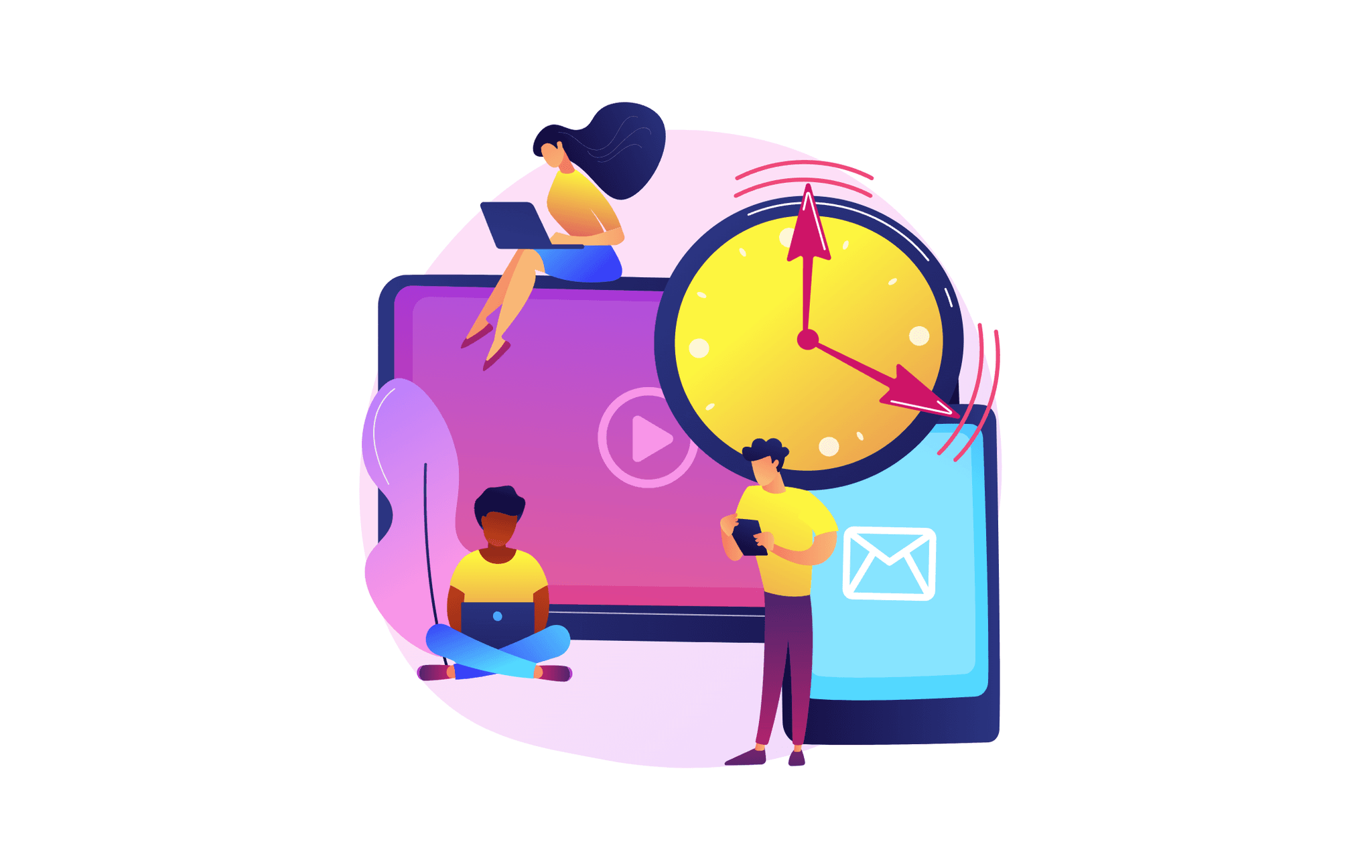 Illustration of people using devices next to a large clock, symbolizing optimal TikTok posting times in 2025.