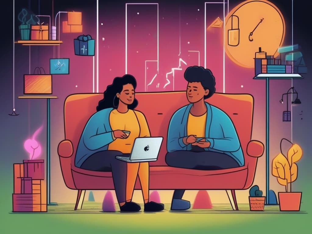 Two people discussing Black Friday marketing ideas on a couch with a laptop, surrounded by shopping elements.