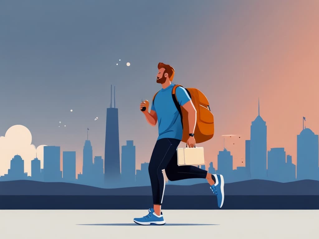 Man in blue outfit with backpack and coffee walking in urban skyline at sunset; Facebook influencer whitelisting.