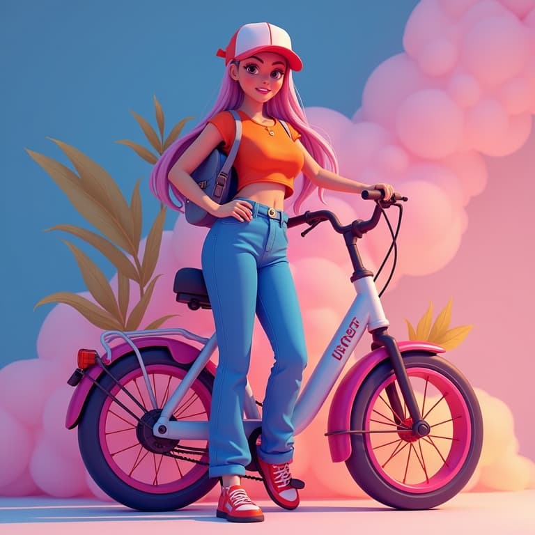 Cartoon woman with pink hair and cap poses beside a bike, symbolizing creativity for UGC brands 2025.
