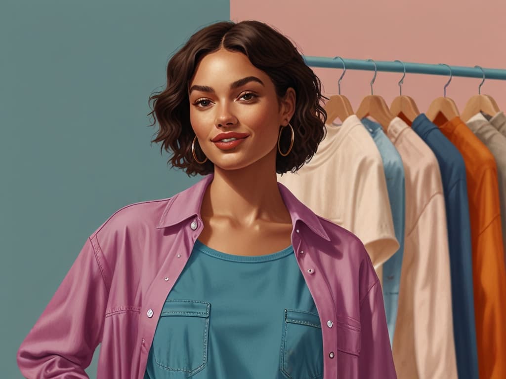 Smiling woman in casual outfit with colorful clothes rack, representing micro-influencers in fashion marketing.