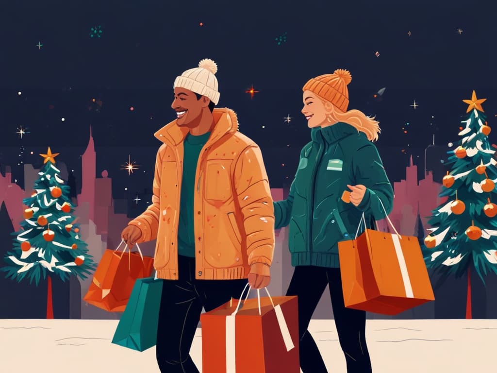 Couple in festive attire carrying shopping bags with Christmas trees and city skyline in the background.