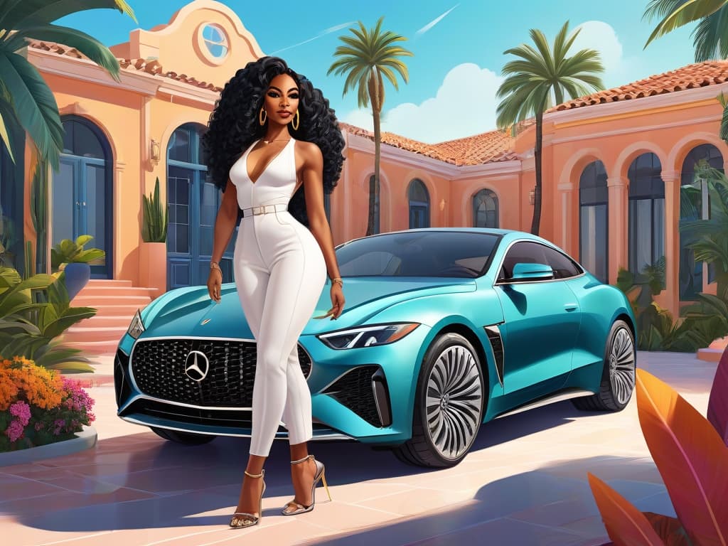 Stylish woman in chic white outfit standing by luxury turquoise car, in vibrant Mediterranean villa setting.