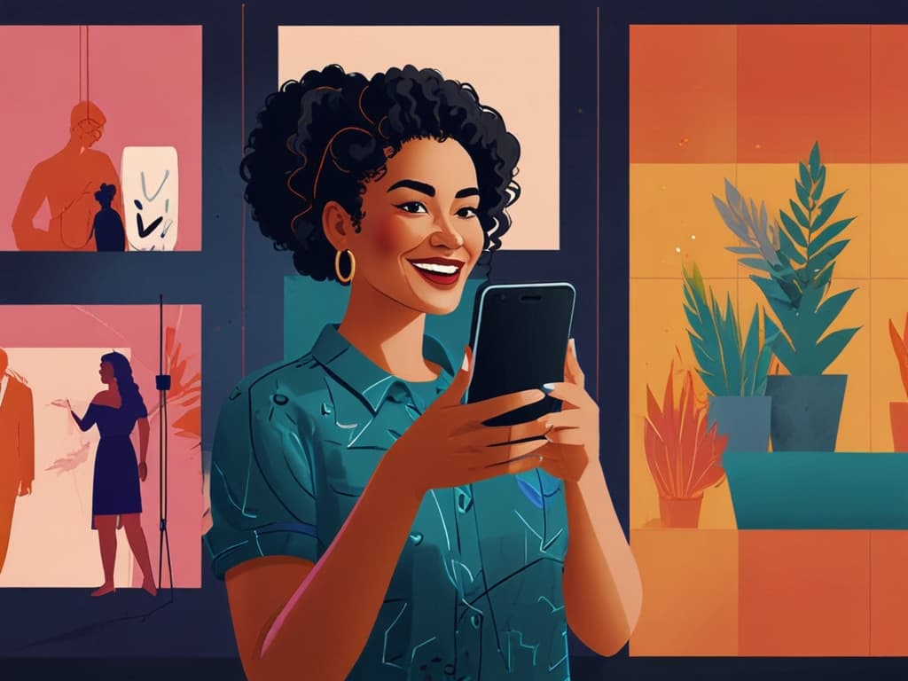 Smiling woman creating a UGC video on a smartphone with vibrant background, 2025 trends.