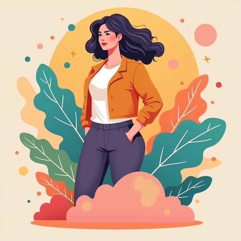Confident woman in fall fashion with vibrant leaves, symbolizing Cyber Monday marketing creativity for 2025 success.