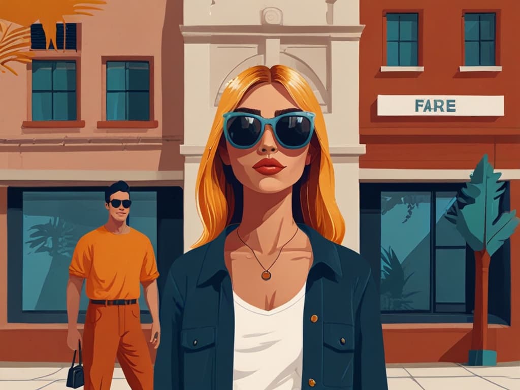 Blonde influencer in sunglasses poses confidently on urban street, stylish man in background; top lifestyle influencers 2025.