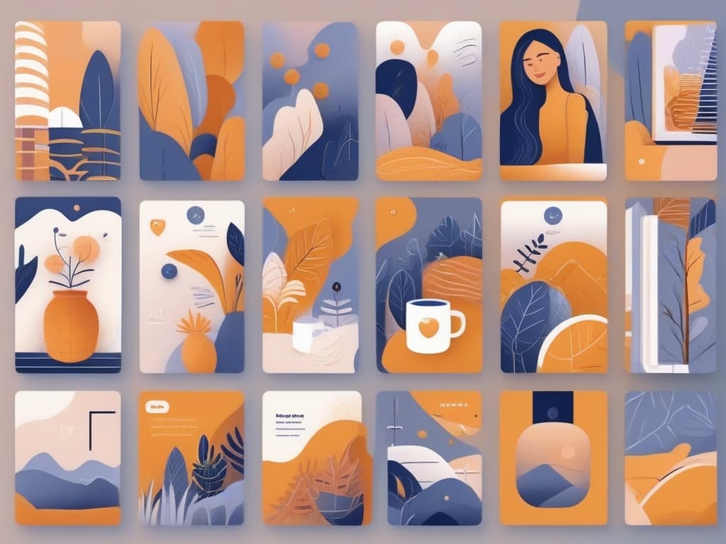 Illustrative Instagram feed with vibrant orange and blue posts, featuring nature and lifestyle themes, perfect for embedding guide.