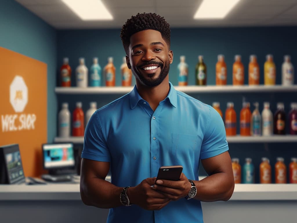 Person in a blue shirt smiling while holding a phone, standing in a shop with colorful products on shelves.