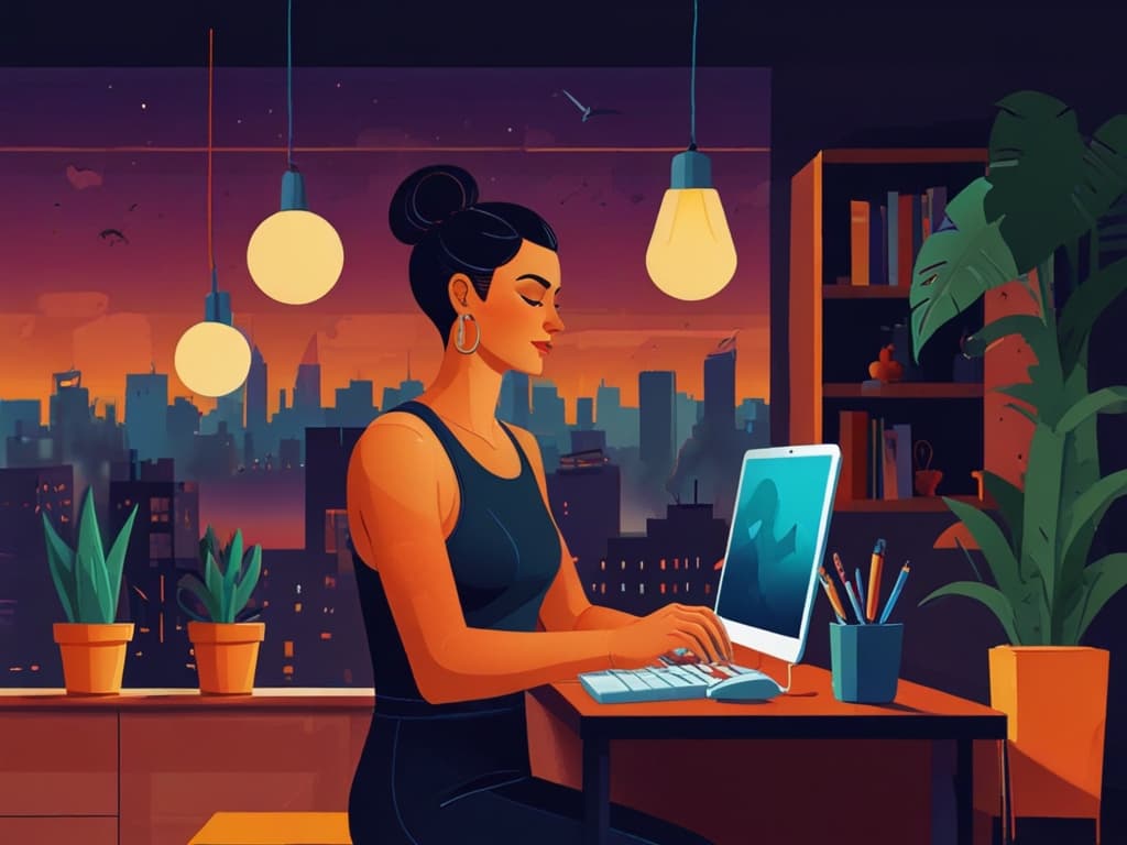 Woman typing on laptop in urban apartment at sunset, learning to write effective review responses for 2025.