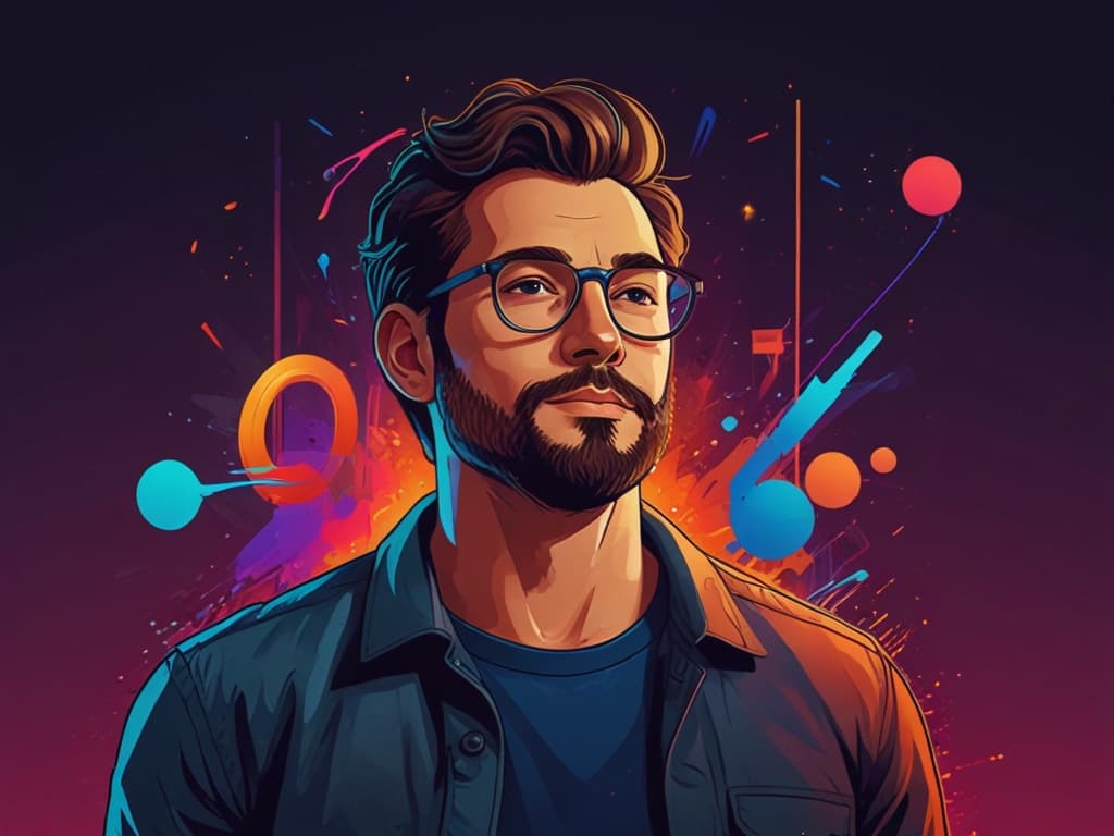 Male content creator surrounded by artistic digital graphics, symbolizing creativity in 2025 costing blog.