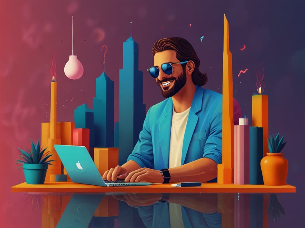 Man in sunglasses writing on laptop, surrounded by colorful cityscape and plants, crafting motivational captions.