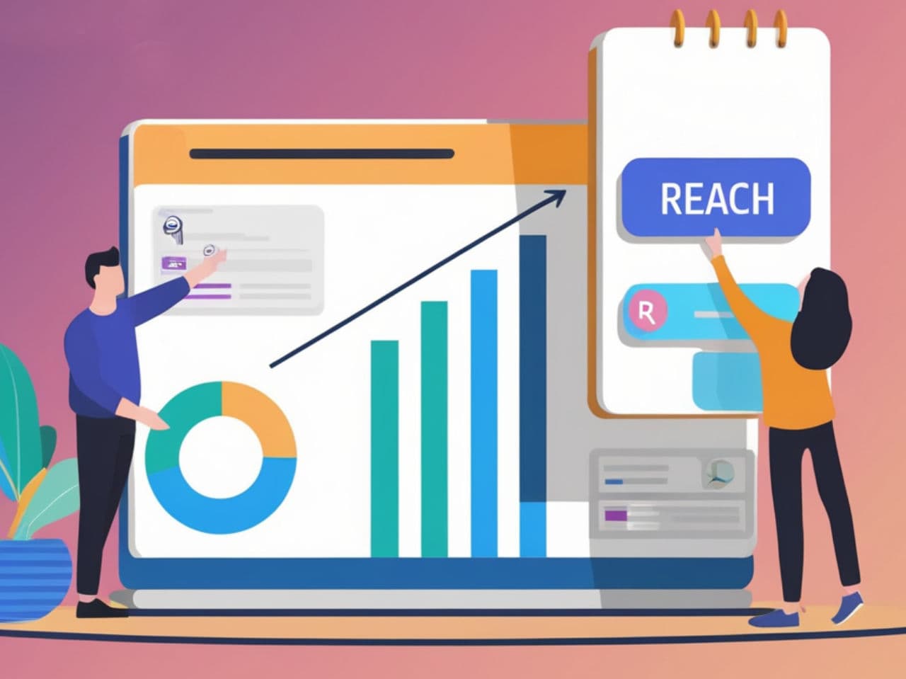 Illustration of two people analyzing a computer screen with charts and a notebook labeled "Reach" for calculating reach.