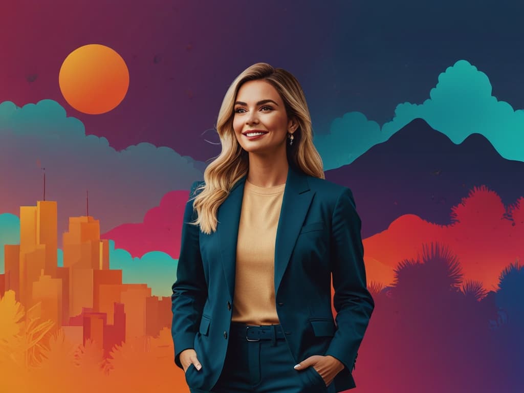 Person in a business suit with vivid abstract cityscape and sunset background, illustrating UGC portfolio creation.