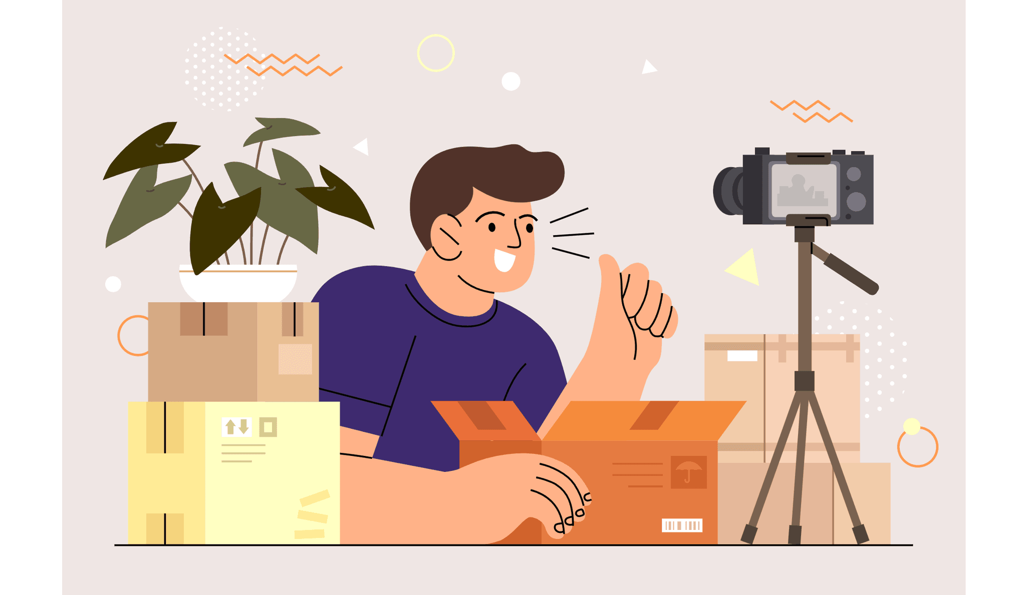 Person unboxing product with thumbs up, recording with camera for UGC ad creation, surrounded by boxes.