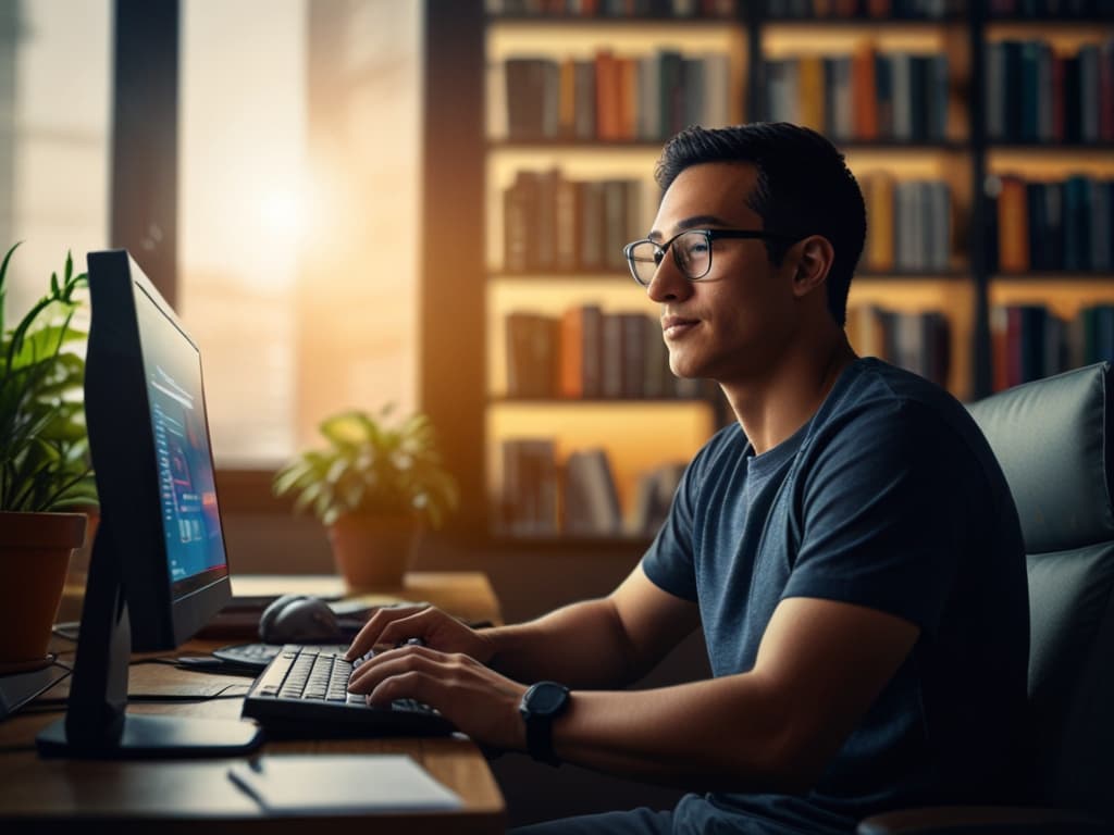 Man using computer in home office setting, exploring Amazon influencer storefronts, surrounded by books and plants.