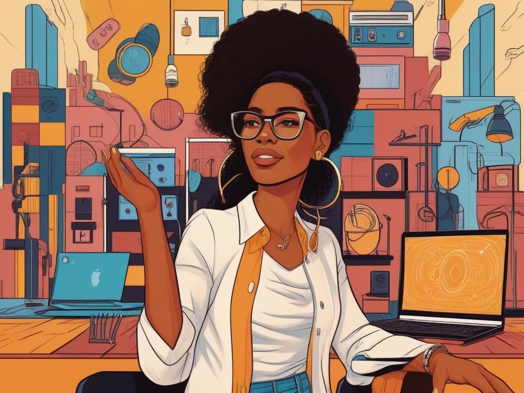 Black creator confidently engaging with technology, surrounded by diverse digital tools, symbolizing modern UGC ads.