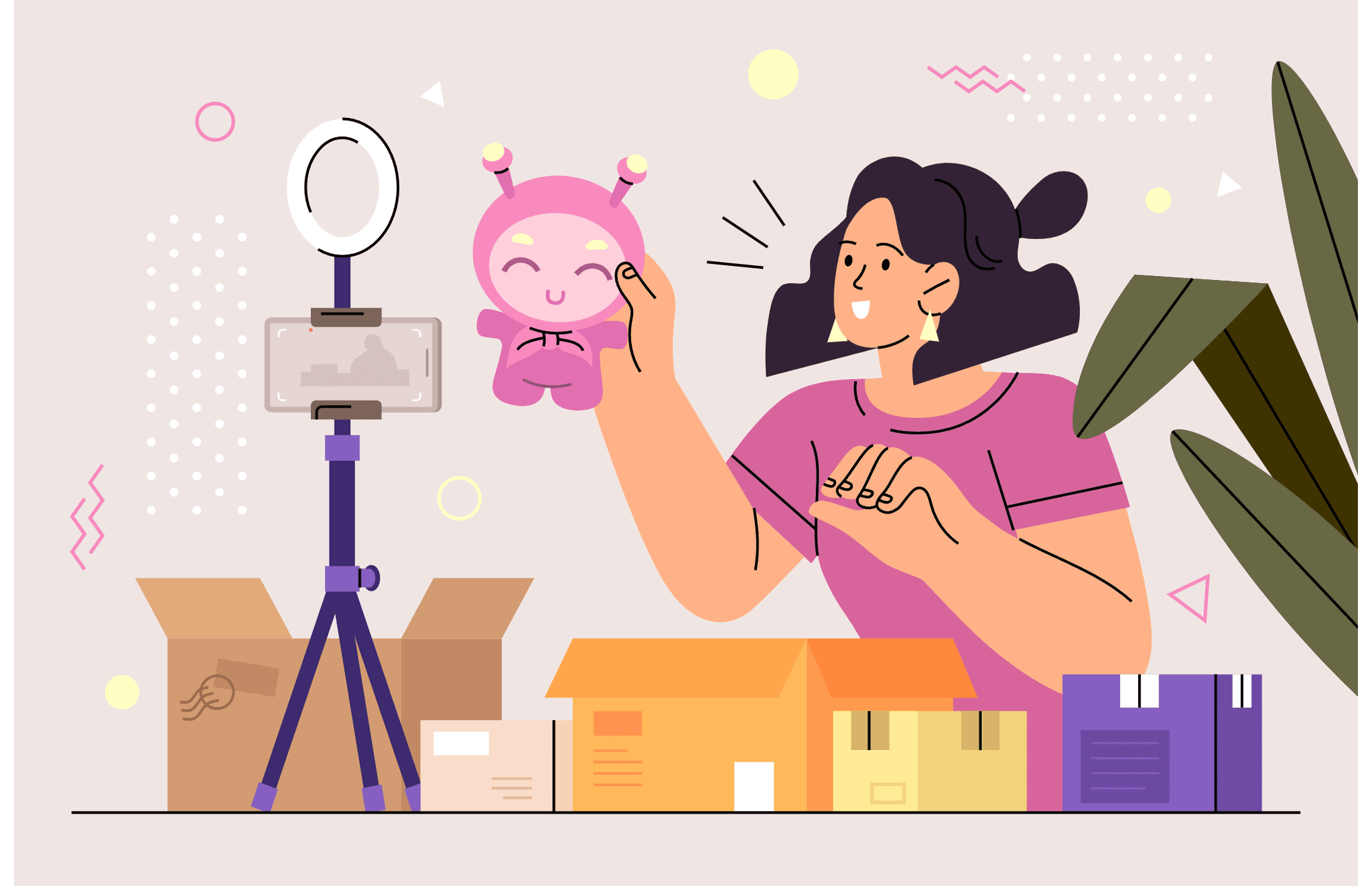 Woman filming with phone and toy puppet, surrounded by packages. Micro-influencer content creation 2025.