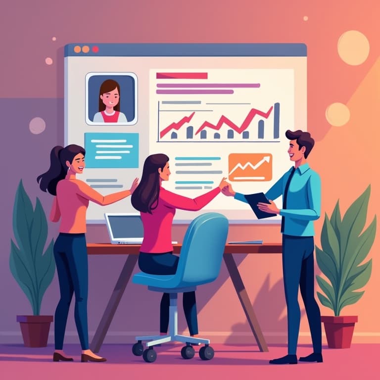 Team discussing digital content strategy with graphs on screen, optimizing for UGC creators in 2025 guide.