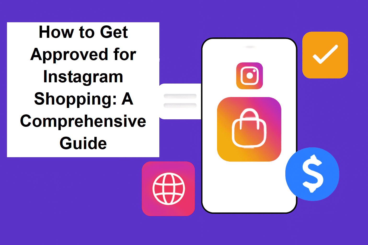Smartphone displaying Instagram Shopping icon with guide text, surrounded by shopping-related symbols on a purple background.