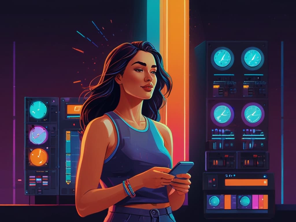 Trendy woman using smartphone amid colorful digital panels; influencer sponsorship strategies 2025.