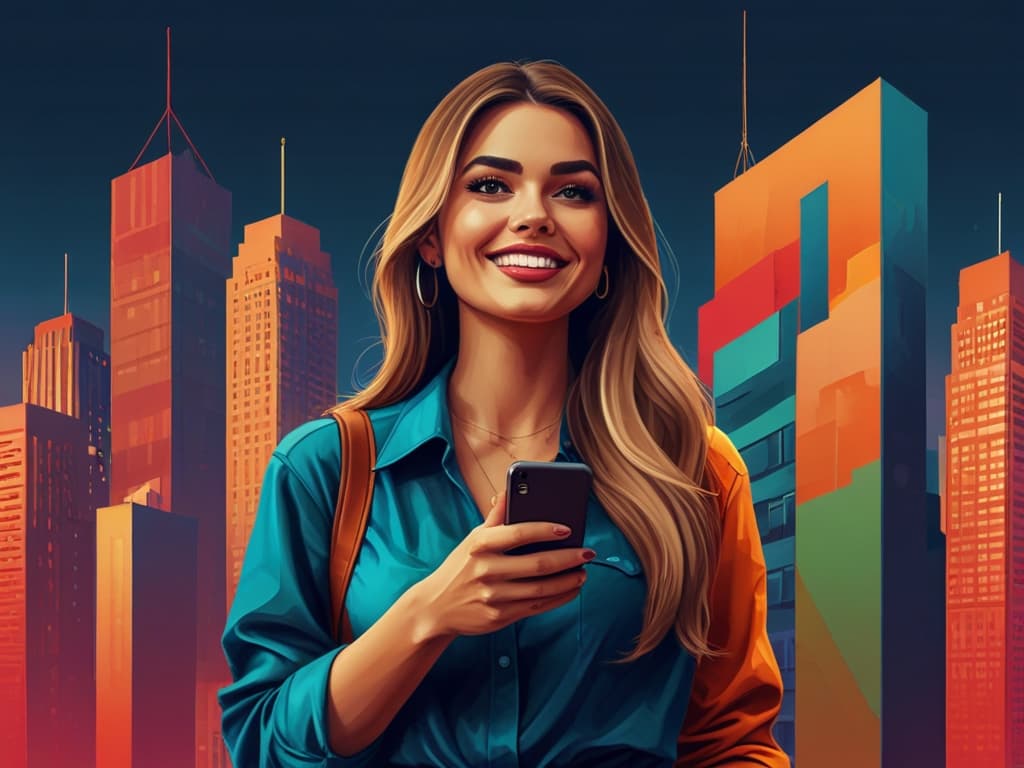 Smiling woman using smartphone in vibrant city, exploring Instagram strategies for more likes in 2025.