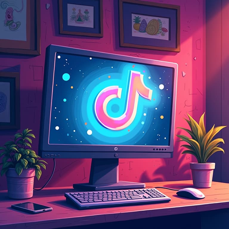PC setup with TikTok logo on monitor, surrounded by plants and framed art, illustrating TikTok live streaming on desktop.