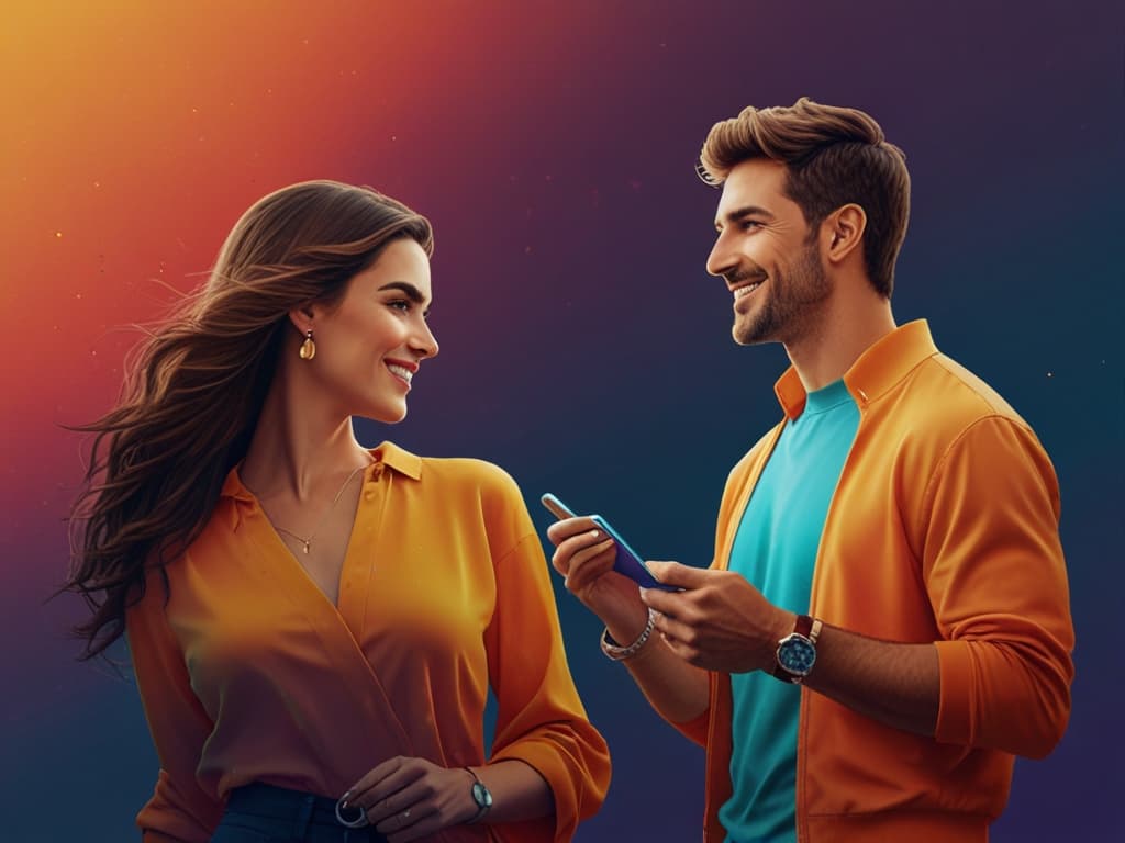 Influencers discussing mobile strategies for Instagram and Facebook partnerships, vibrant background.