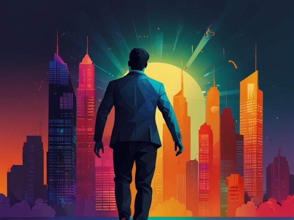 Person in a suit walking towards a vibrant city skyline with a large sun, symbolizing viral video success.