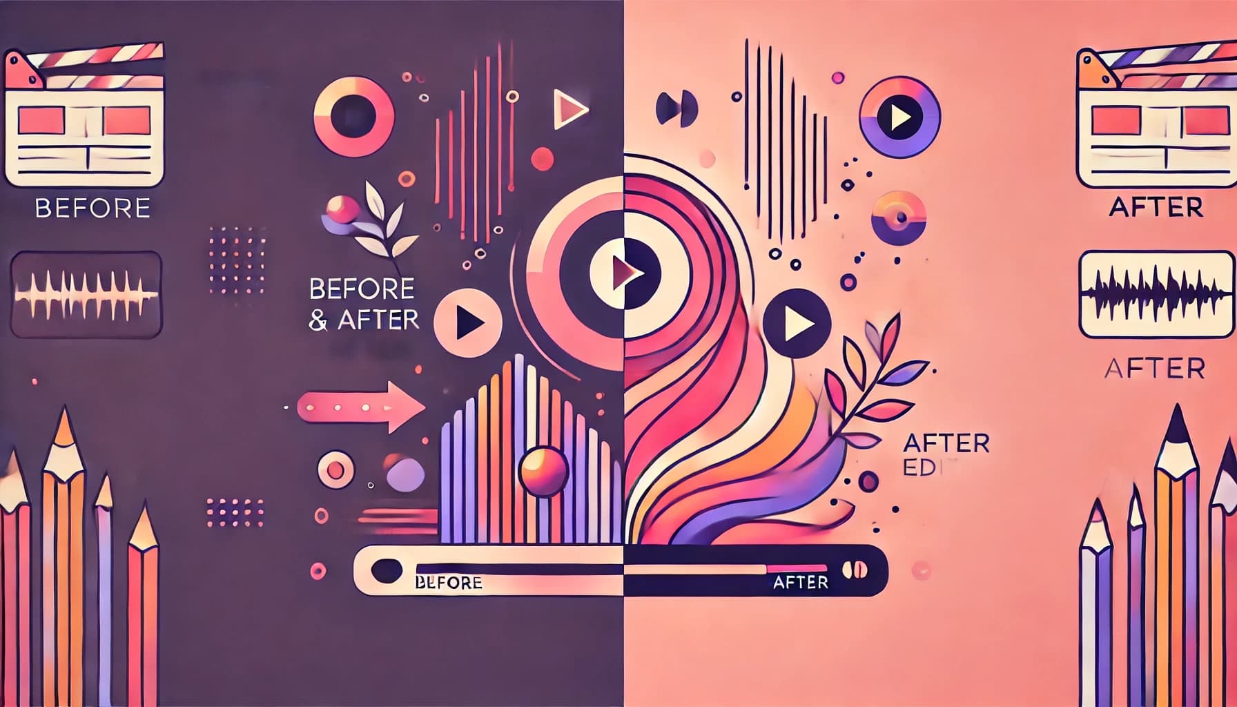 Before and after video creation concept with media icons, arrows, and editing timeline on split purple-pink background.