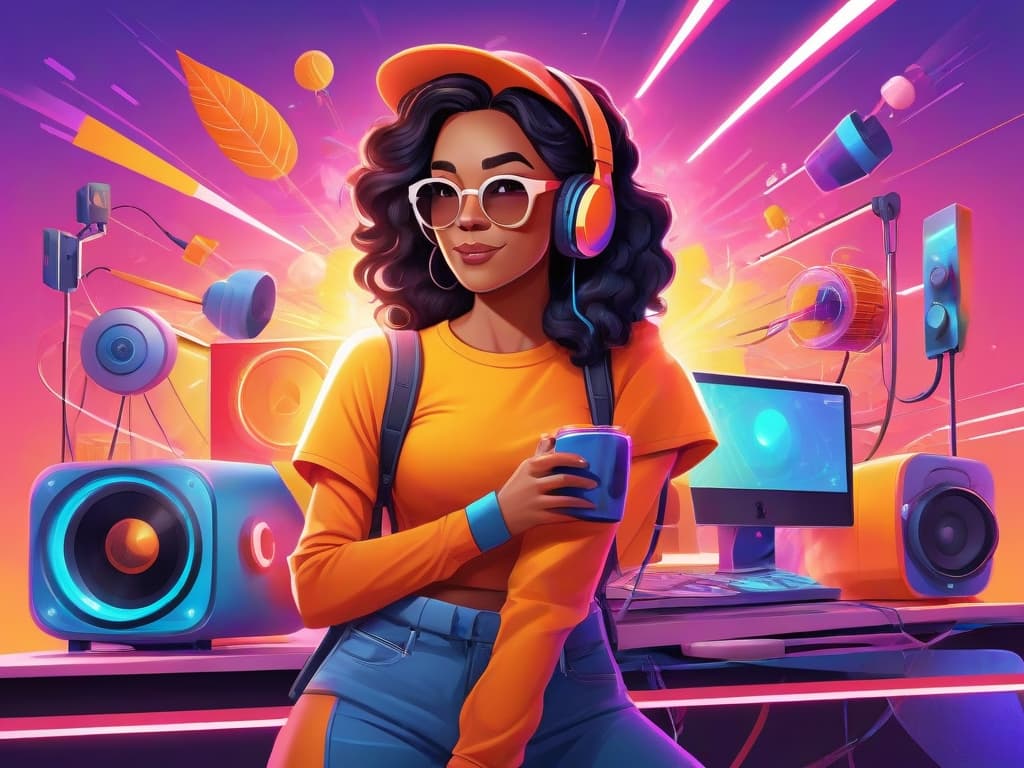 Curly-haired woman with headphones holds coffee, surrounded by tech gear on a colorful set.