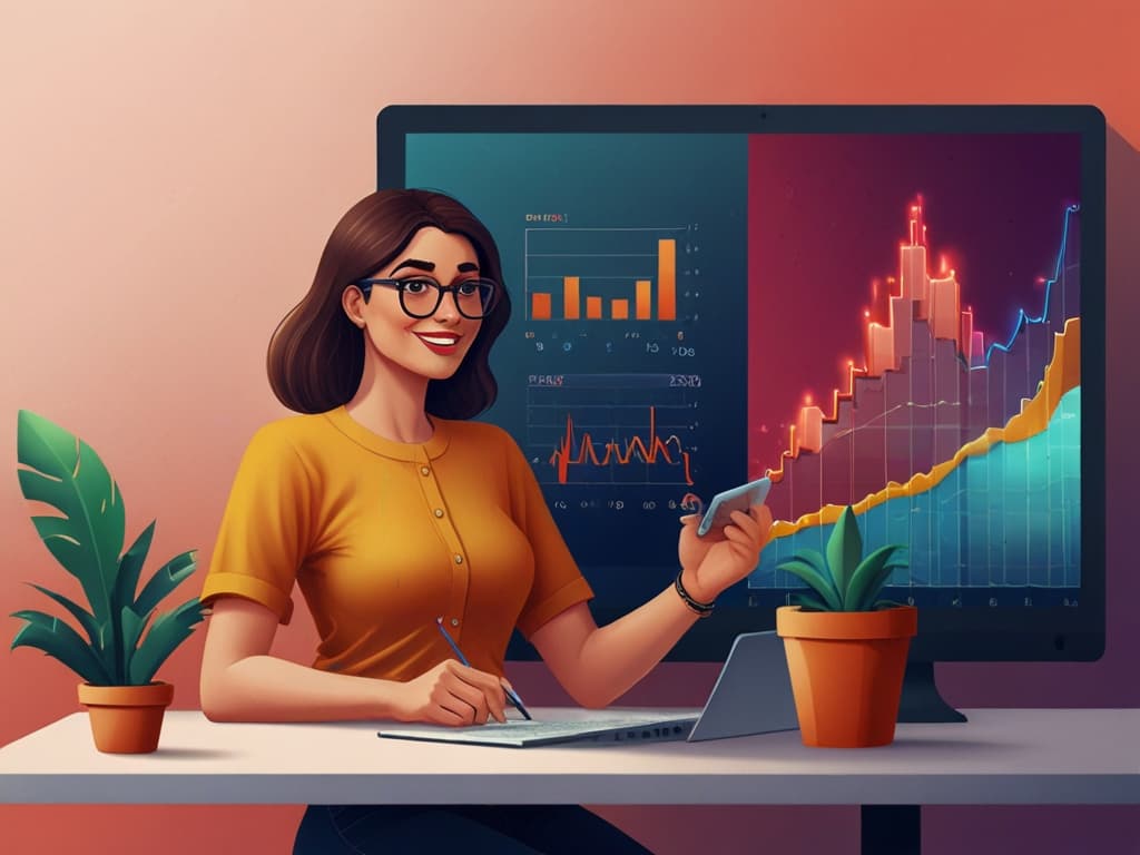 Woman analyzing influencer marketing metrics on a laptop with growth charts on a screen; digital marketing analysis 2025.