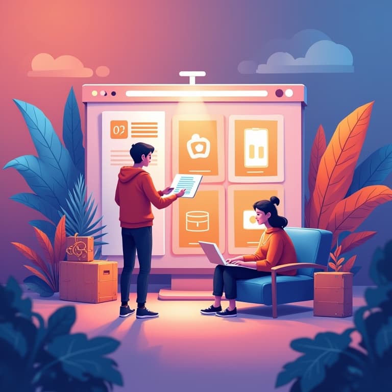 Two people discussing Amazon product promotion strategies in front of a digital screen display.