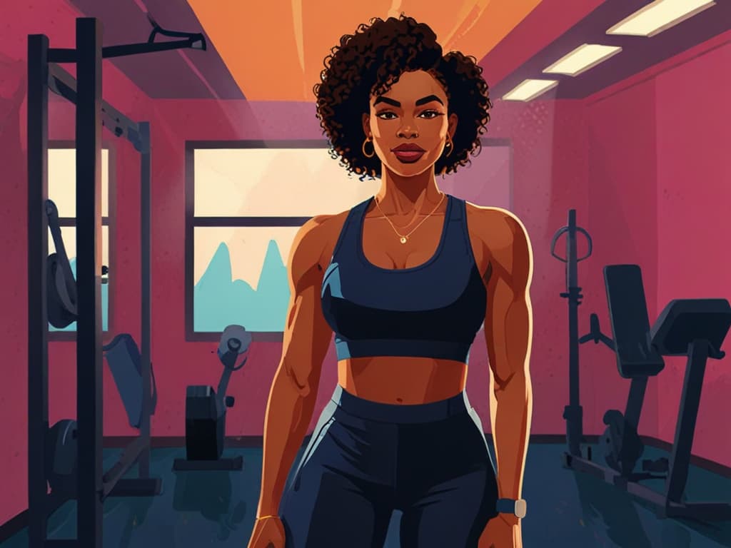 Illustration of a confident woman in gym attire, embodying focus and strength, set in a colorful fitness room.