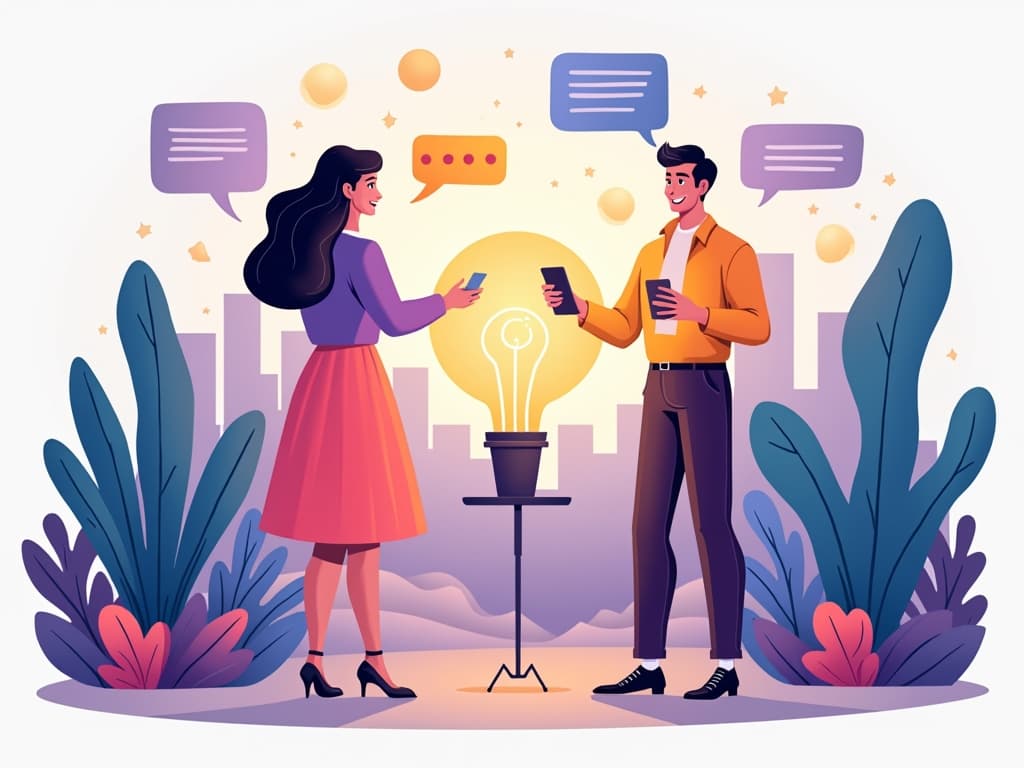 Illustration of two people exchanging ideas on phones with a glowing light bulb, symbolizing influencer affiliate marketing.