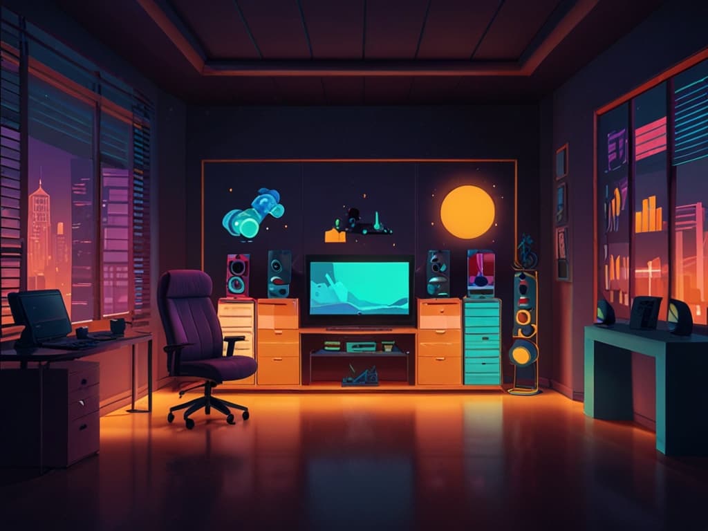 Modern digital workspace with glowing neon lights, featuring computers and vibrant decor, ideal for video editing.
