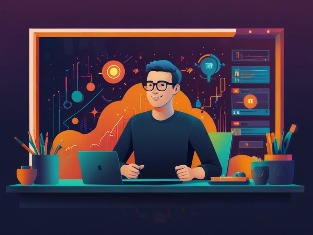 Illustration of a person using a laptop with digital marketing icons, highlighting Facebook Branded Content features.