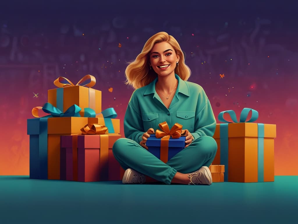 Woman sitting surrounded by colorful gift boxes, smiling, representing influencer gifting note writing tips.