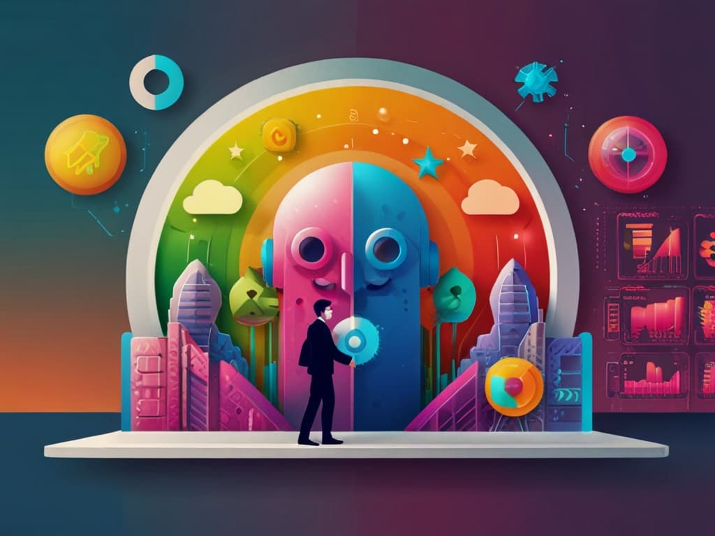 Person standing before a vibrant digital interface symbolizing social media strategies and user-generated content.