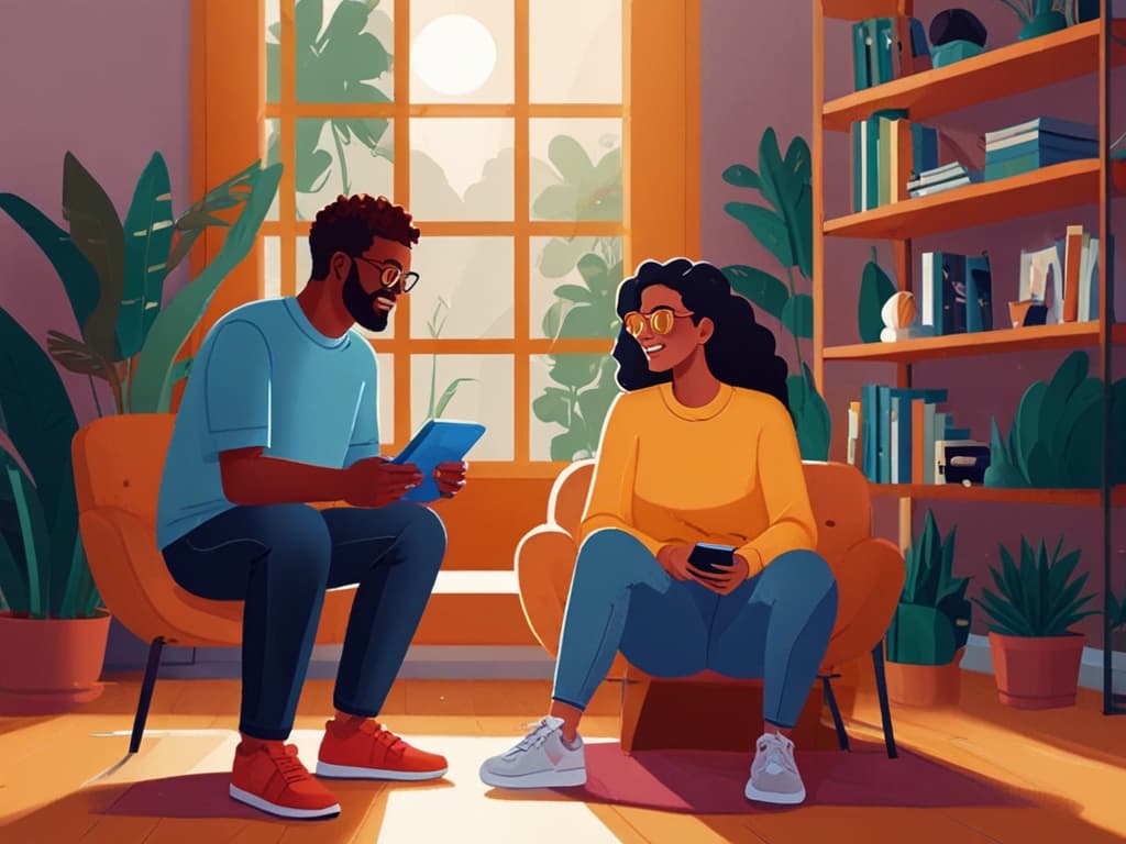 Two young influencers discussing trends indoors, surrounded by plants and books, highlighting modern lifestyle.