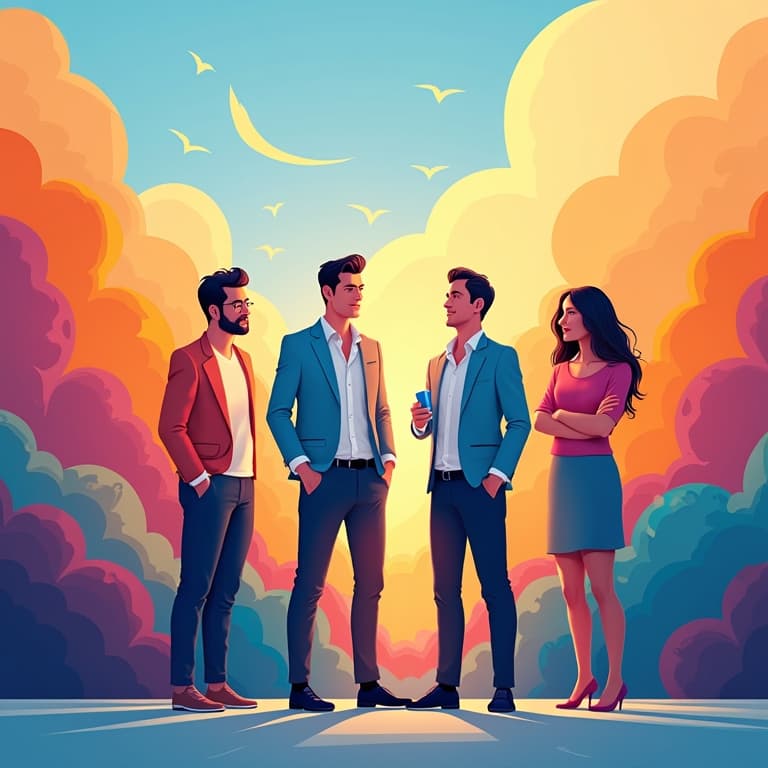 Four stylish individuals converse outdoors against a vibrant sunset, embodying 2025 lifestyle influencers.