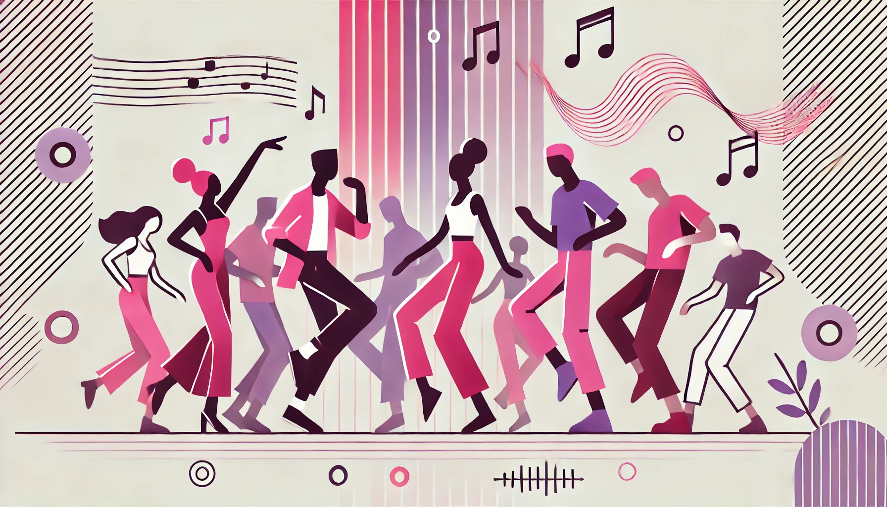 Silhouettes dancing energetically in group, colorful music notes floating, vibrant TikTok dance scene 2025.